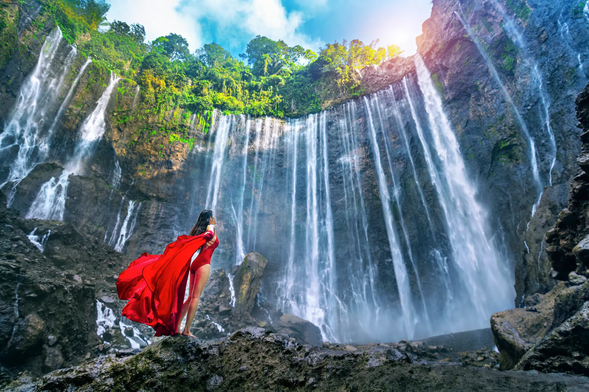 Tumpak Sewu Waterfall near Mount Bromo, included in extended private Bromo tour from Malang